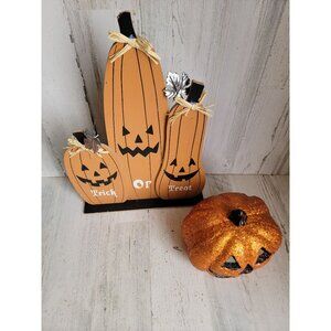 wooden pumpkin trick or treat standing signs styrofoam jack-o'-lantern Halloween